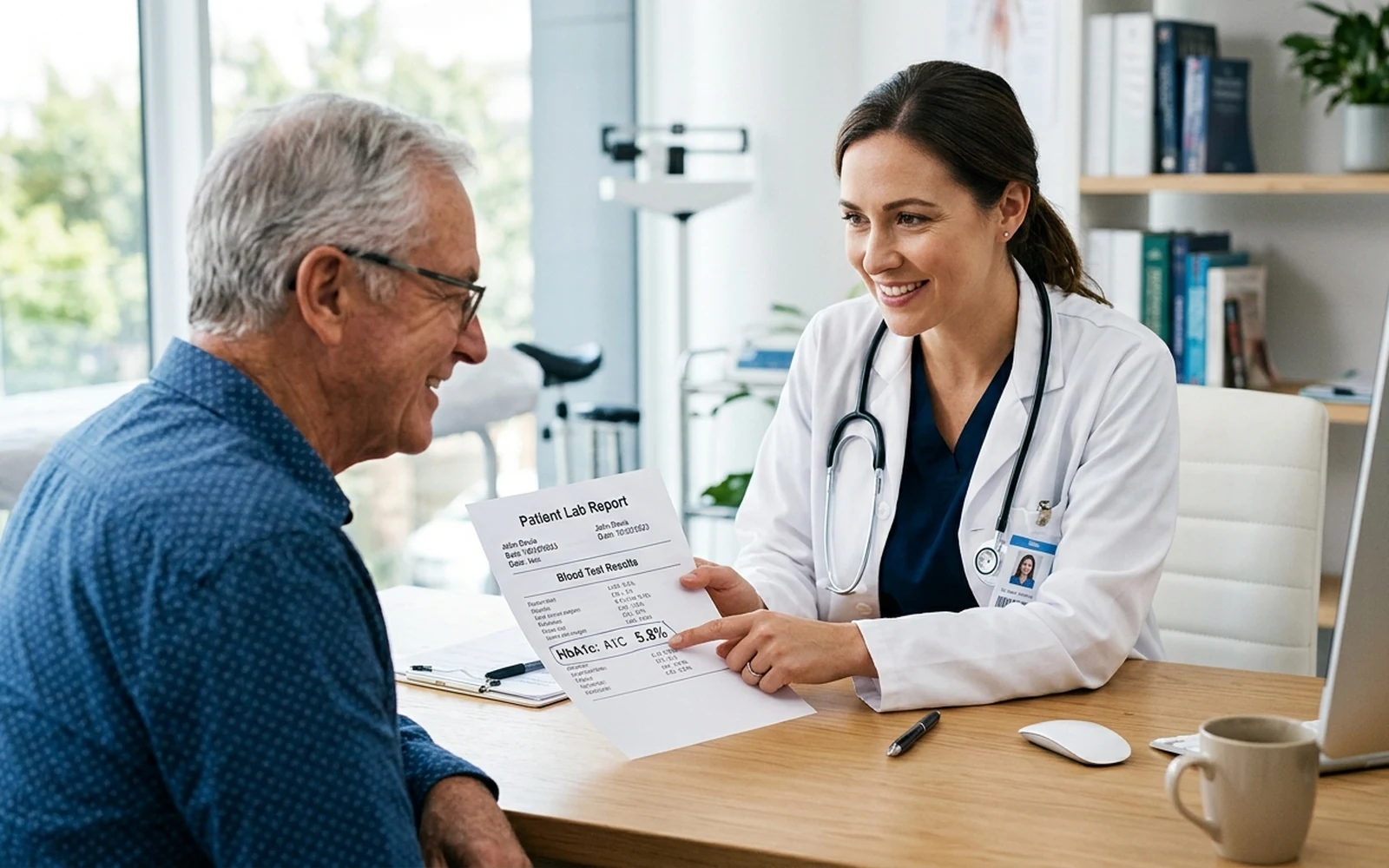 Doctor and patient reviewing printed A1C lab test results during a consultation