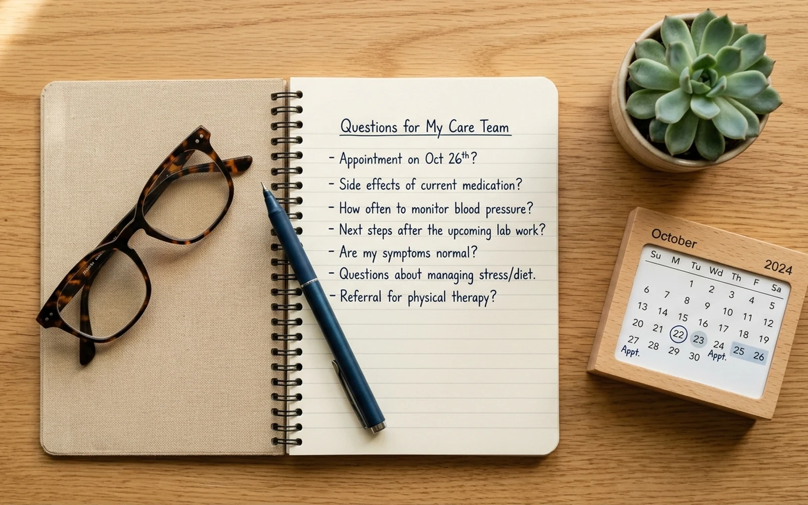 An organized checklist notebook titled Questions for Care Team beside an appointment calendar