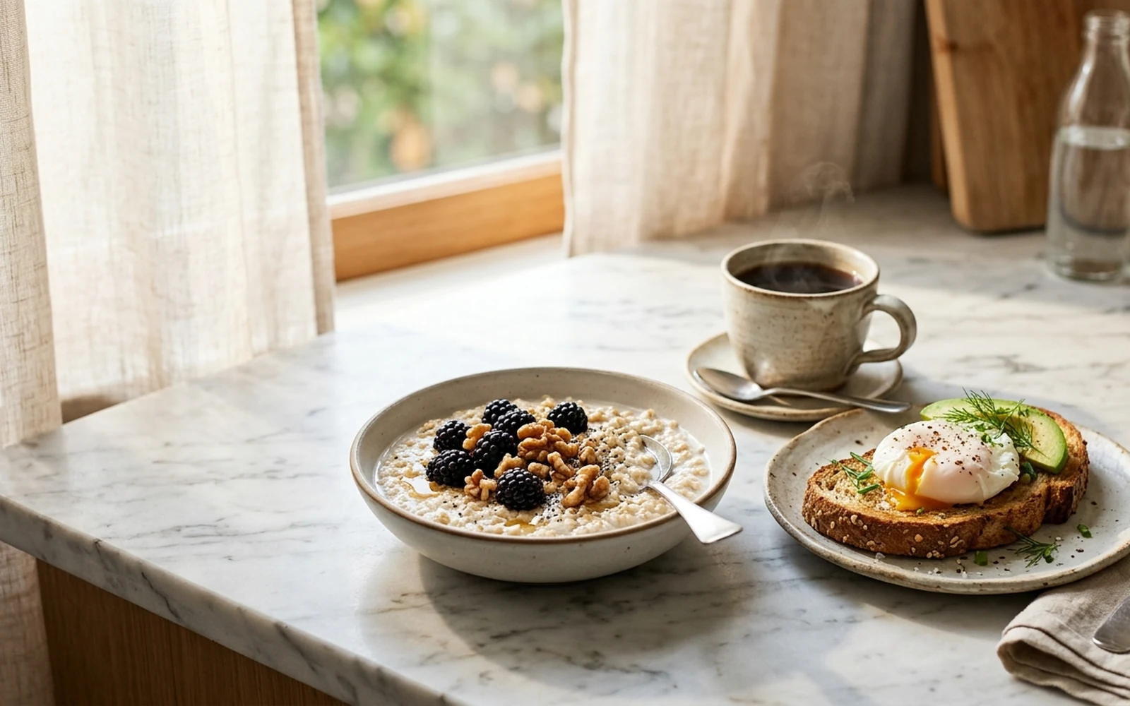 Healthy balanced breakfast with oatmeal, berries, walnuts, and poached egg on whole grain toast