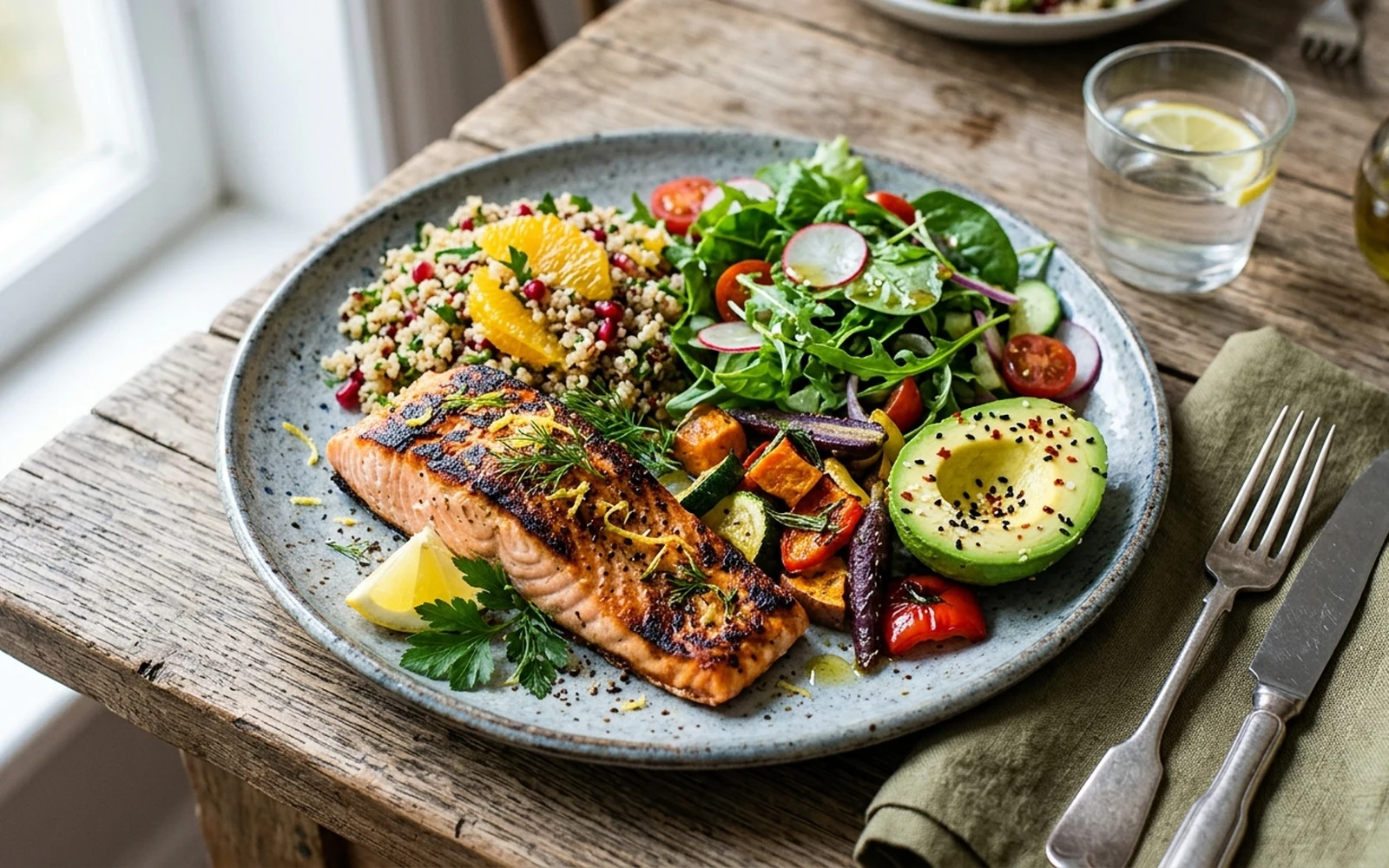 A colorful balanced meal plate with grilled salmon, fresh salad, avocado, and quinoa