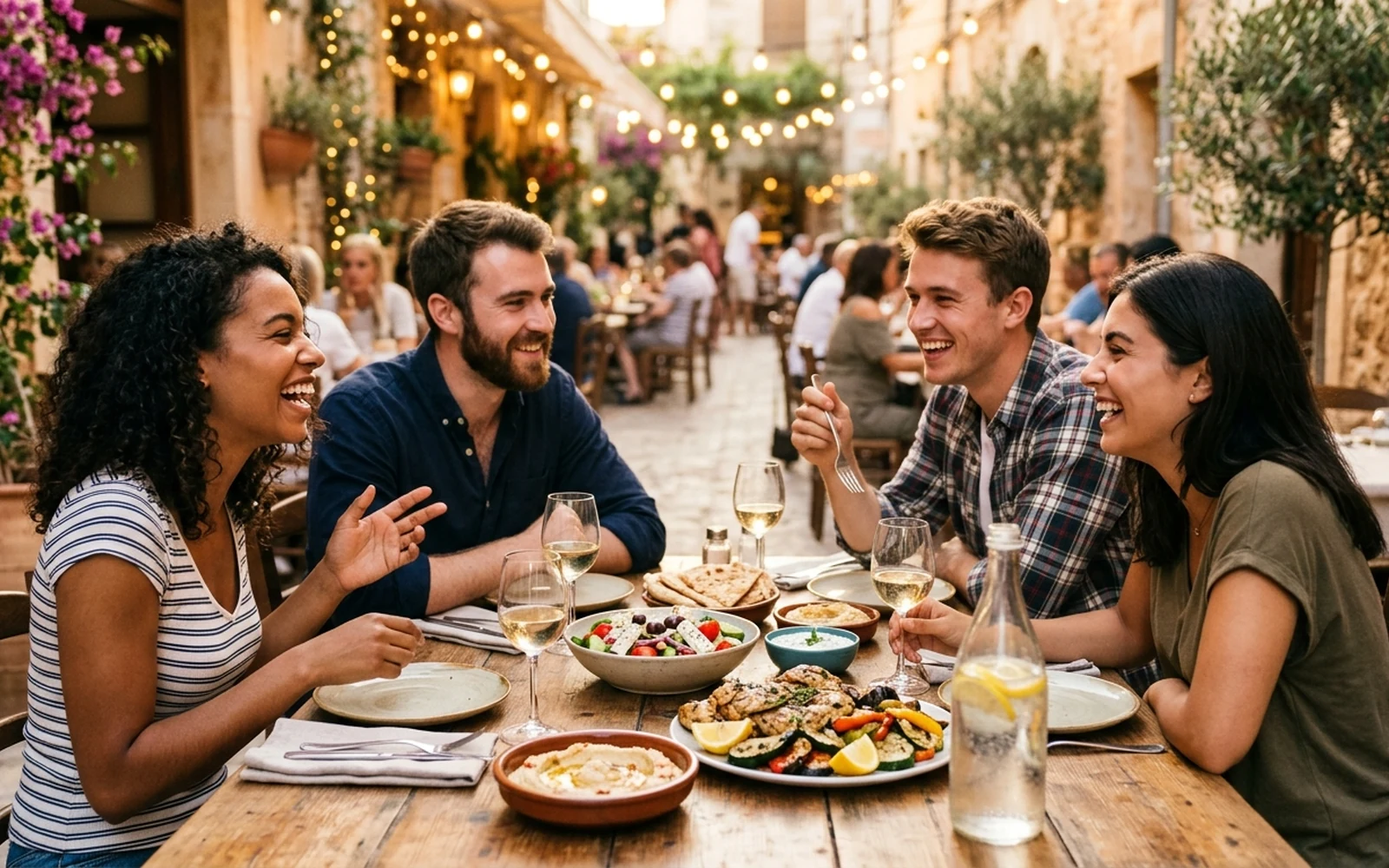 Friends dining together at a warm restaurant terrace enjoying a fresh Mediterranean meal