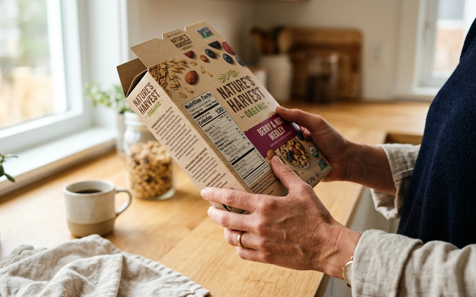 A person holding an organic food package and thoughtfully reading the Nutrition Facts label