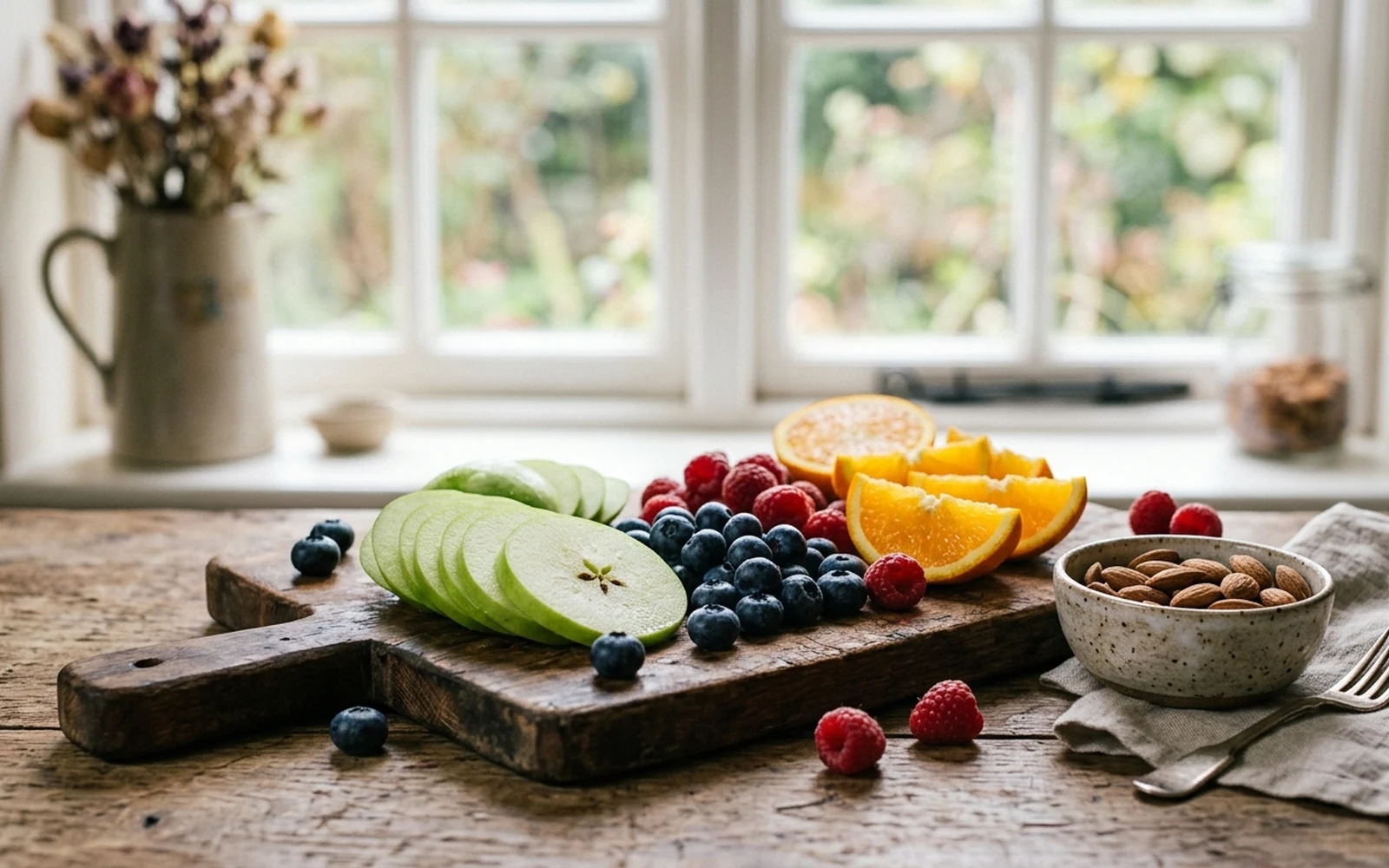Fresh sliced green apples, blueberries, raspberries, and orange slices with almonds on a cutting board