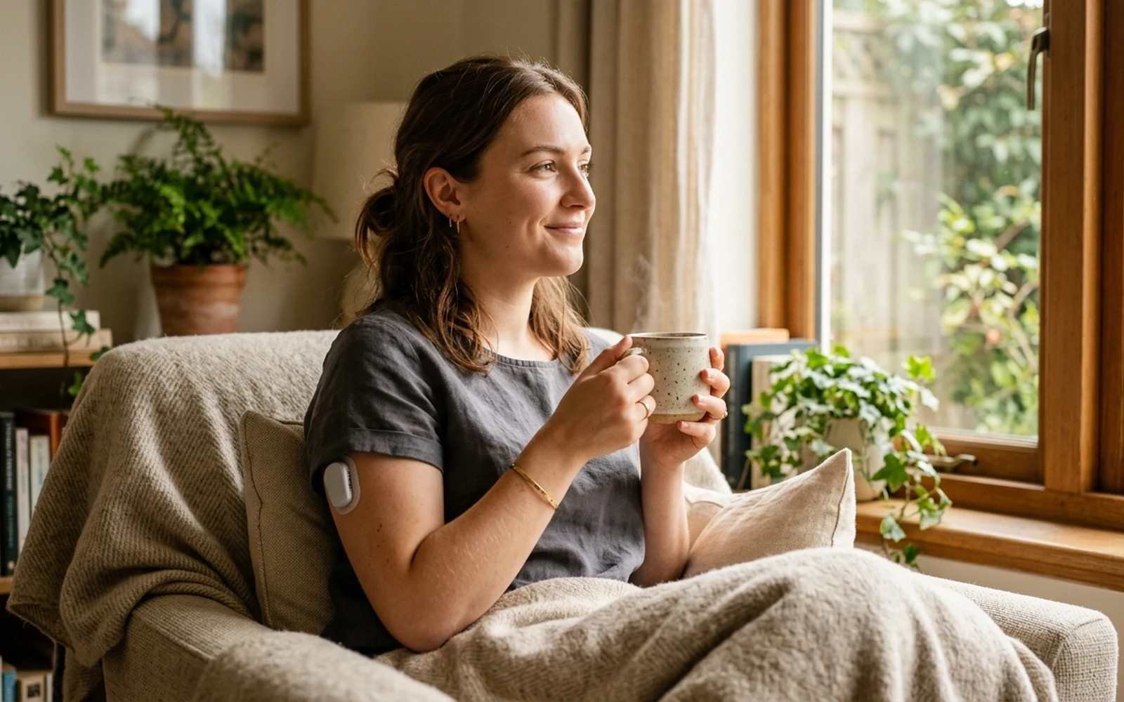 A relaxed person at home with a discreet continuous glucose monitor sensor in a calm daily setting