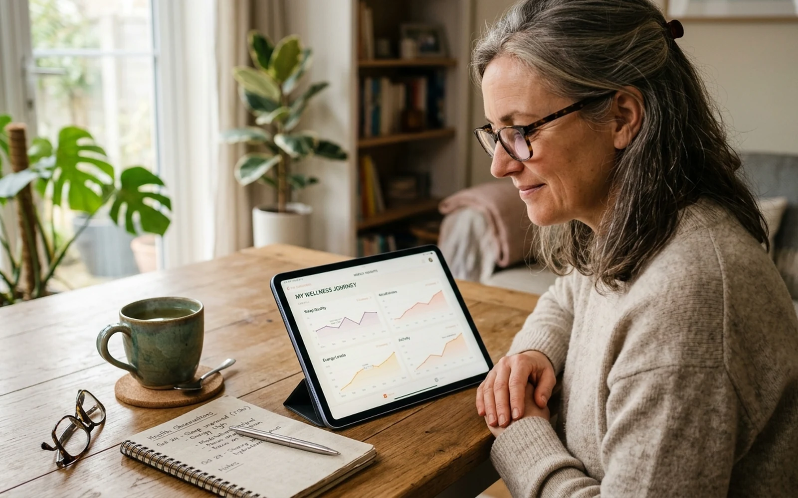 An adult reviewing gentle health trend graphs on a digital tablet at a wooden desk