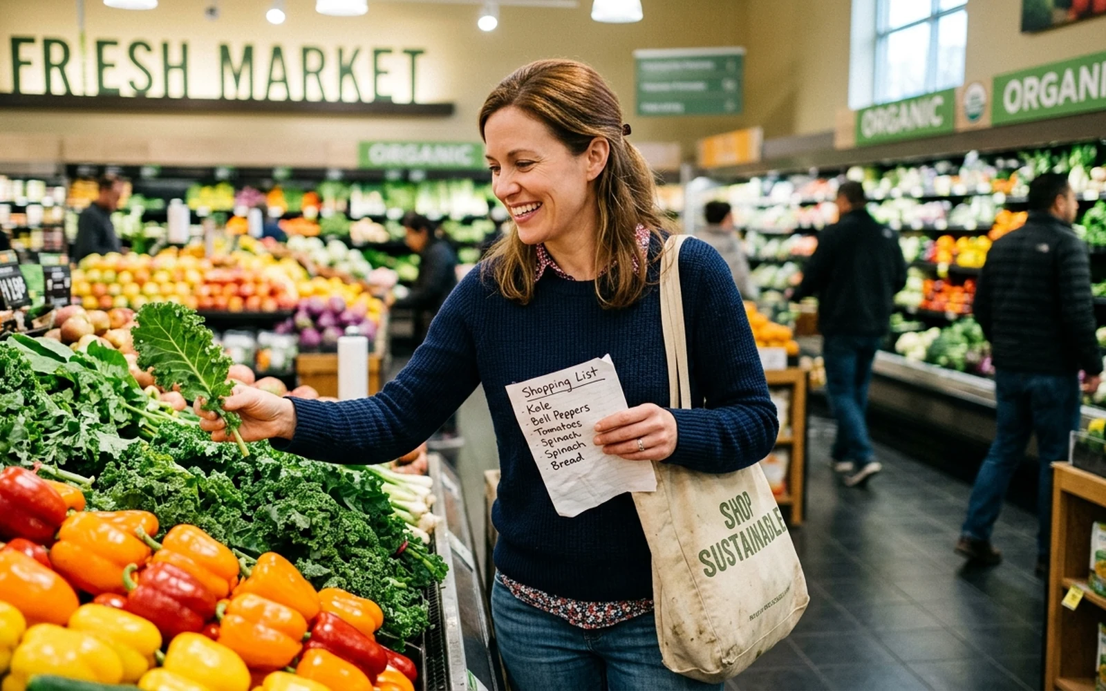 A shopper holding a handwritten grocery list and selecting fresh vegetables in a supermarket produce aisle