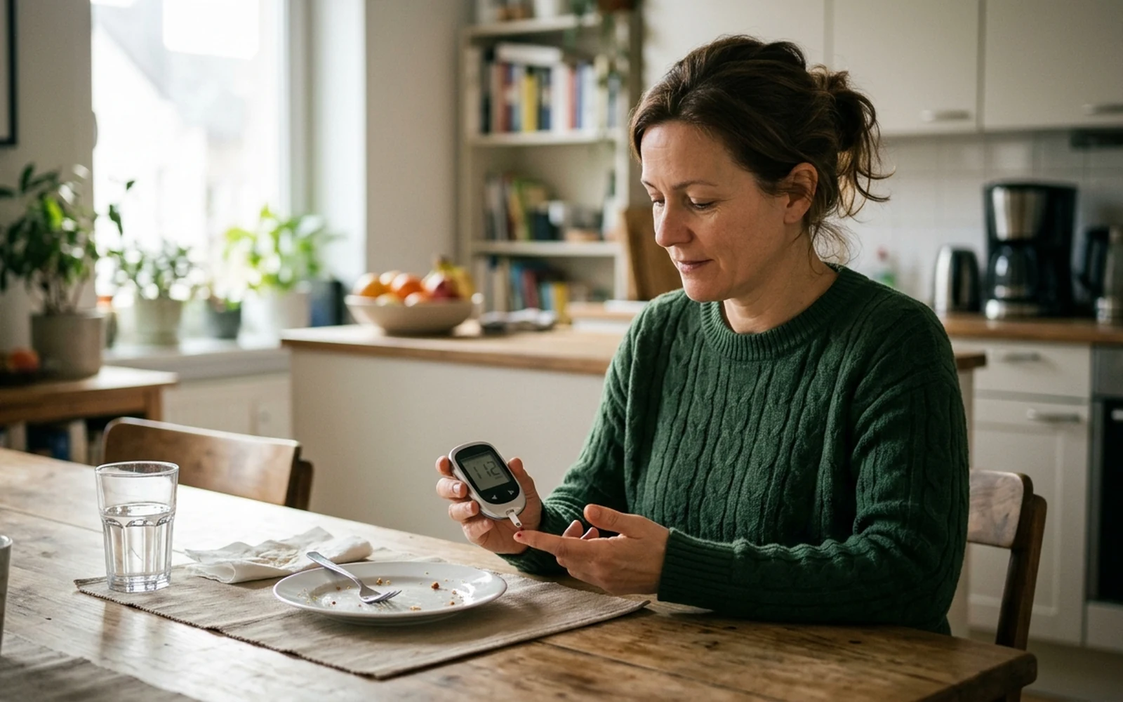 A person calmly checking blood glucose reading at a kitchen table after a meal