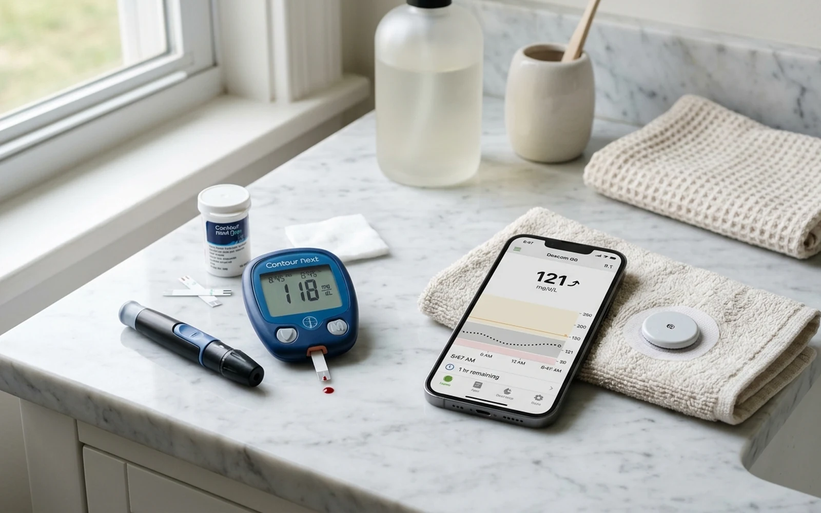 Traditional blood glucose meter and a modern continuous glucose monitor sensor side by side
