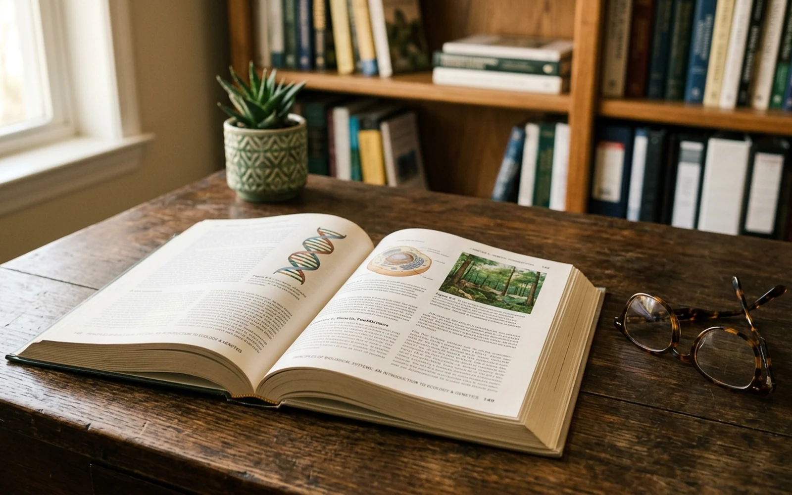 An open educational book on an oak study desk beside reading glasses and a window