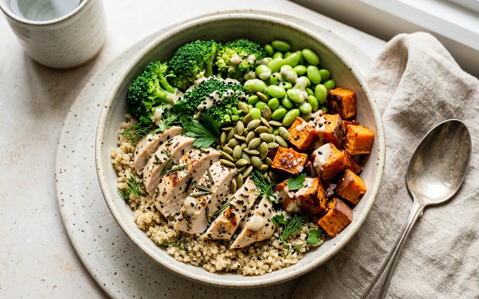 High-protein and high-fiber lunch bowl with grilled chicken, edamame, broccoli, and sweet potato