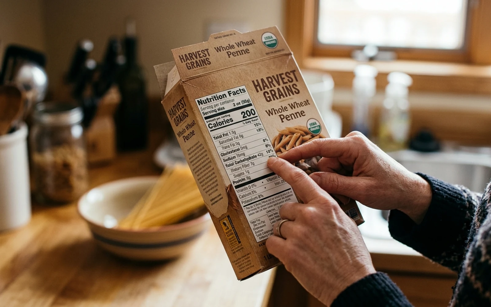An adult closely examining the total carbohydrate and dietary fiber lines on a food package