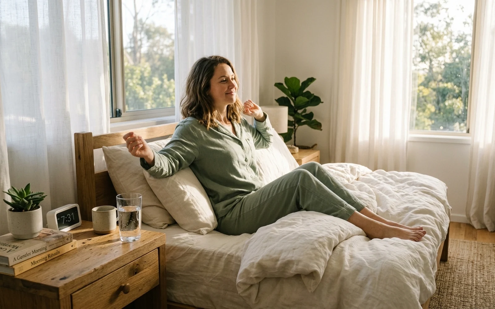A person waking up rested and refreshed in a sunlit bedroom with a glass of water