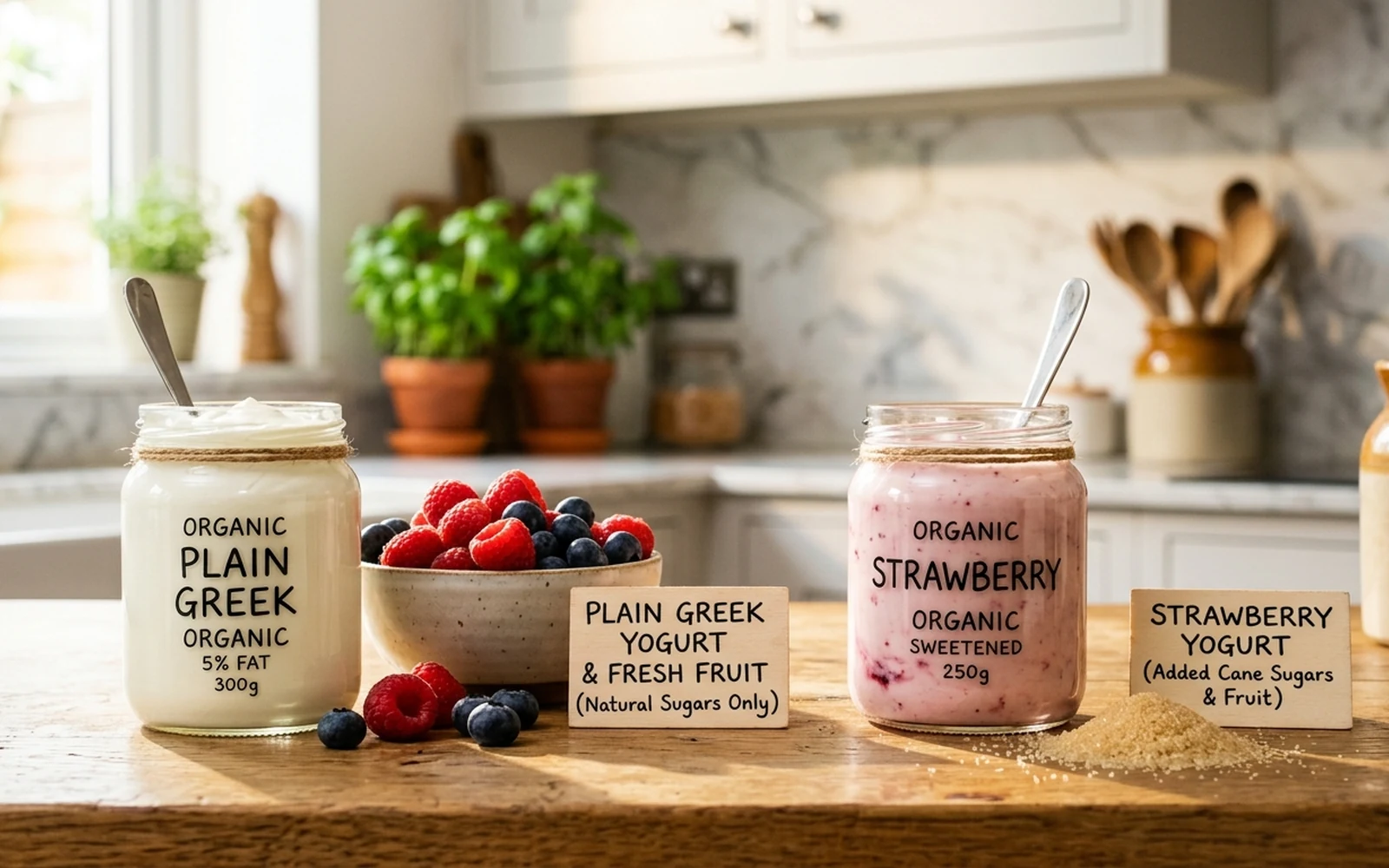 Two yogurt containers side by side comparing natural fruit sugars with added sugars