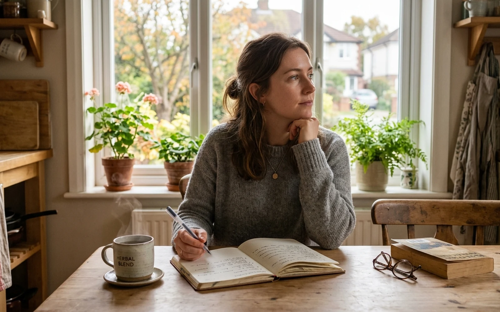 A person thoughtfully jotting notes in a journal by a window while reflecting on daily factors