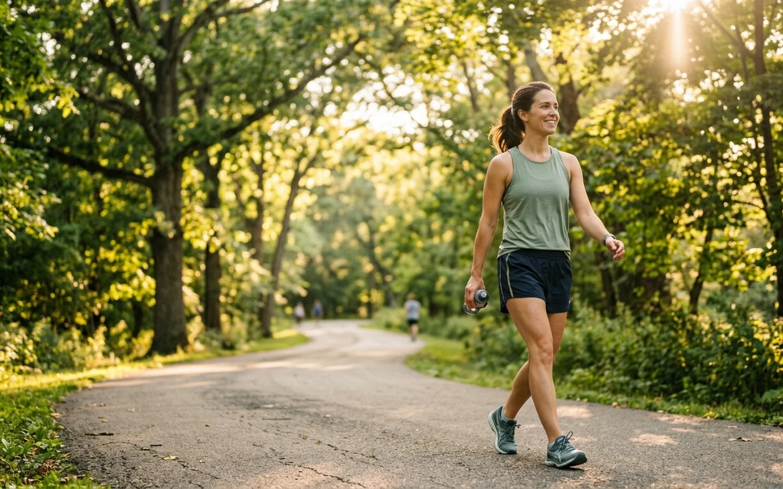 A person enjoying a refreshing, brisk walk along a sunlit tree-lined park path