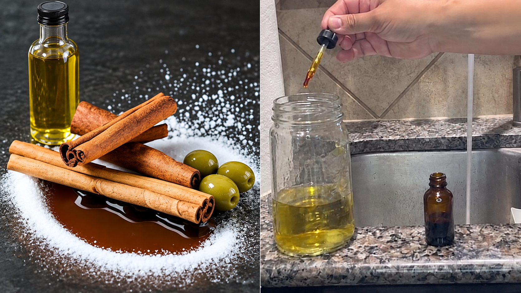 Crossed cinnamon sticks above an amber puddle surrounded by white granules, with green olives and a bottle of olive oil on the left; a hand using a dropper above a tall glass jar beside a kitchen sink on the right.